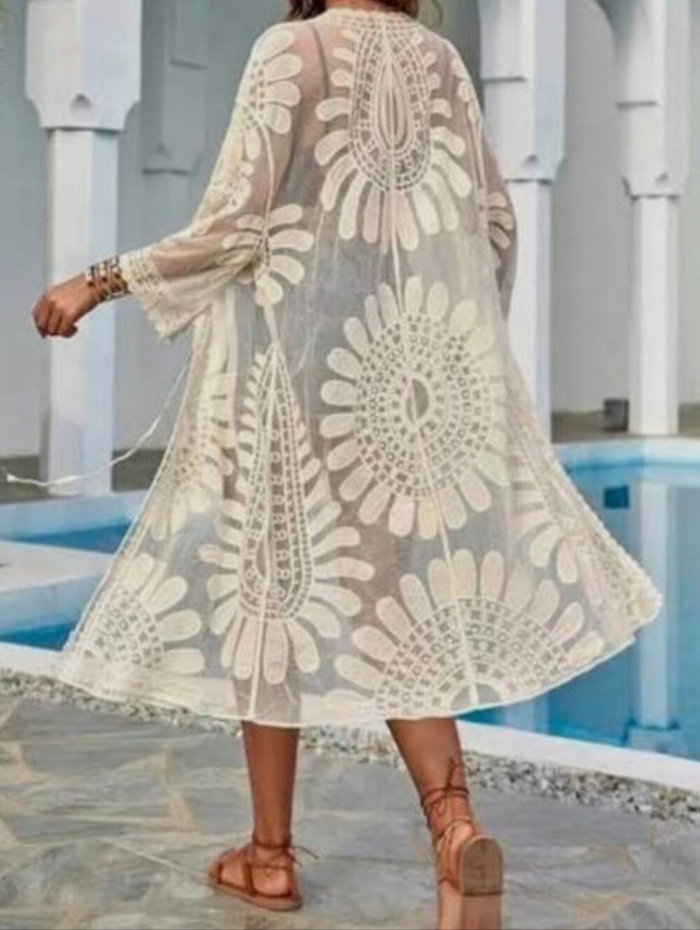 Rebellion Boho Sheer Beige Lace Overlay Kimono Cover Up